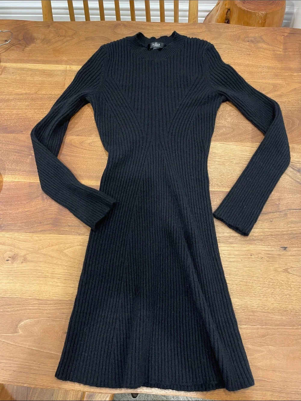 Aqua 100% Cashmere Contour Ribbed Mini Dress Long-Sleeve- Black